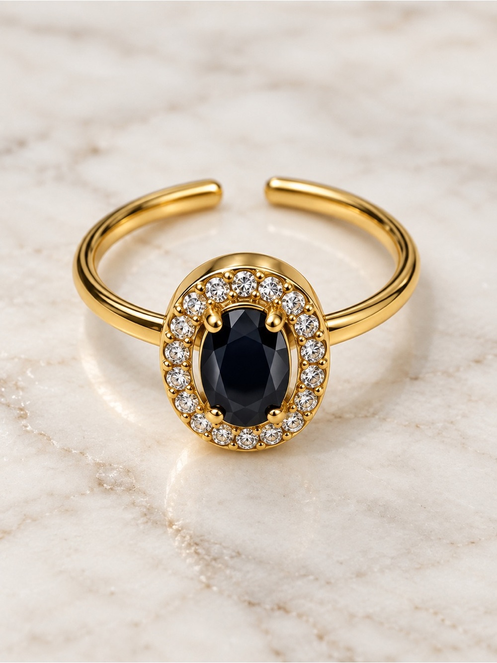 Gold-Plated Halo Ring with Black Center Stone adjustable